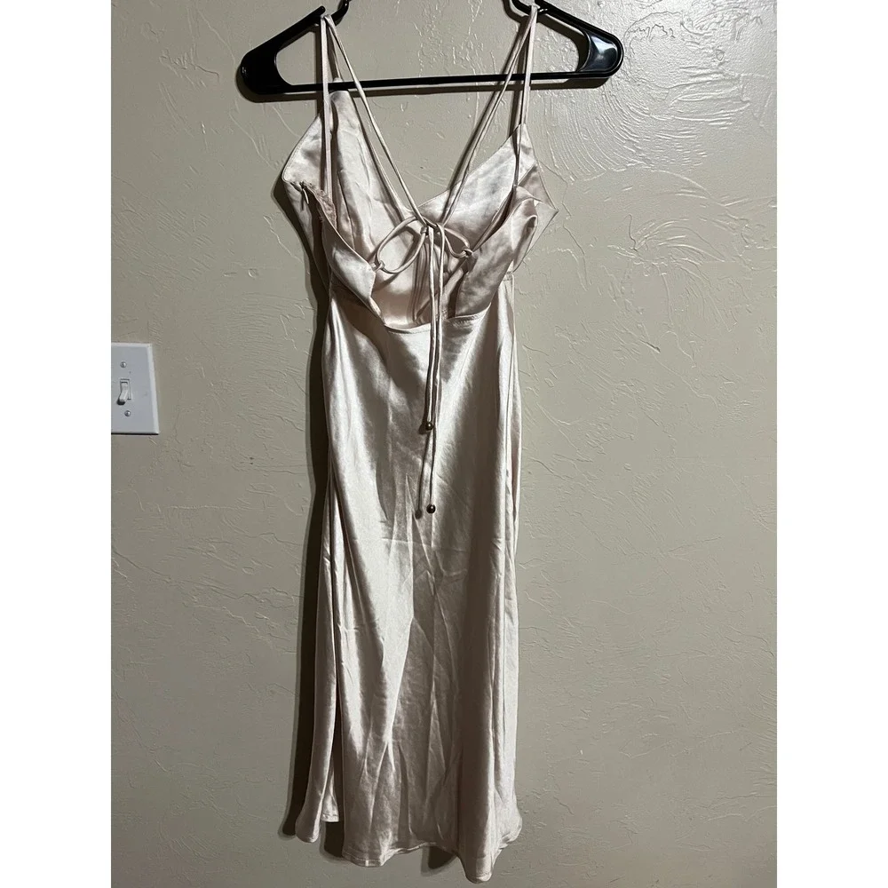 Here Comes the Sun Satin Slip Midi Evening Dress Cowl Neck Tie Back Champagne XS